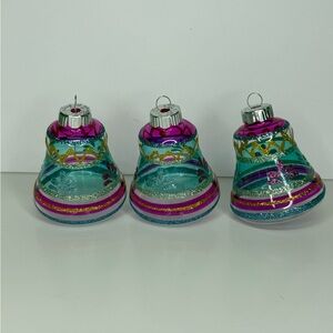 Christopher Radko Shiny Brite Glass Ornaments Lot of 3 Striped Bells Pink Blue